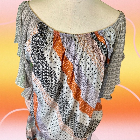 Gypsy 05 Gray & Orange Multi Bandana Print Striped Boho Silk Mini Dress Size M - Picture 3 of 12